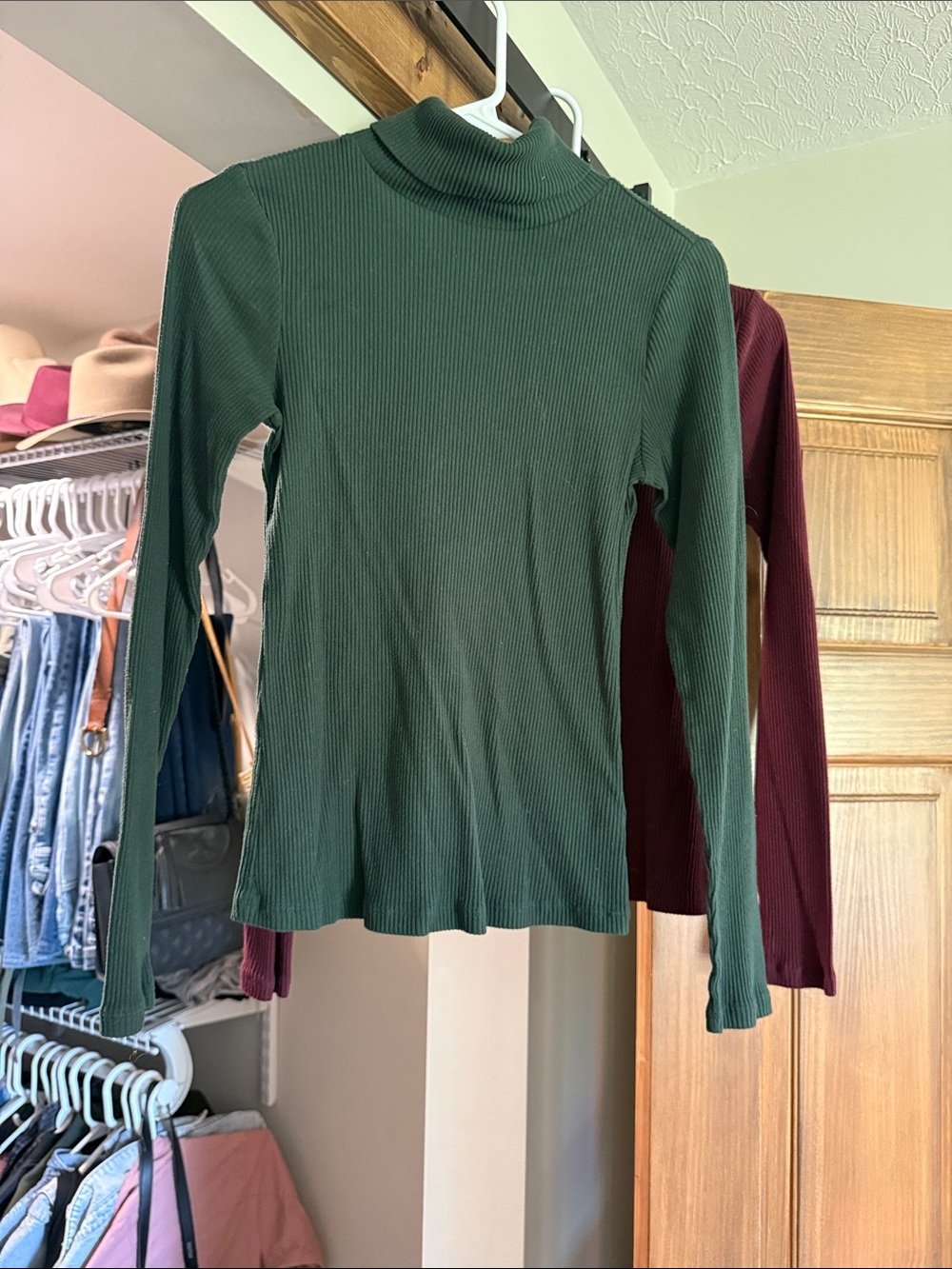 Old Navy Ribbed Mock Neck Long Sleeve Tops — Forest Green and Plum